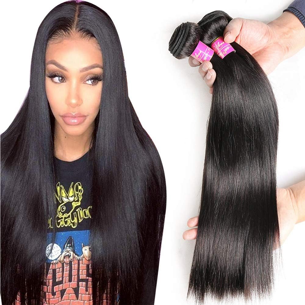 Brazilian Straight Hair With Closure 3 Bundles Unprocessed Virgin Human Hair Bundles With Lace Closure Free Part Hair Extensions Natural Color (16 18 20+14",Free Part)