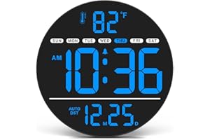 WallarGe Large Digital Wall Clock with LED Display, Electric Wall Clock with Temperature, Auto DST, Date, and Day, 5-Level Brightness for Office, Bedroom, Living Room, Classroom Décor