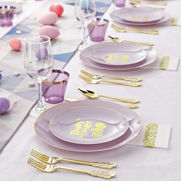 NERVURE 150PCS EASTER PLASTIC PLATES – PURPLE AND GOLD PLATES WITH EASTER EGG – PURPLE DISPOSABLE PLATES INCLUDES 50 PLASTIC PLATES, 25 KNIVES, 25 FORKS, 25 SPOONS, 25 CUPS FOR PARTY
