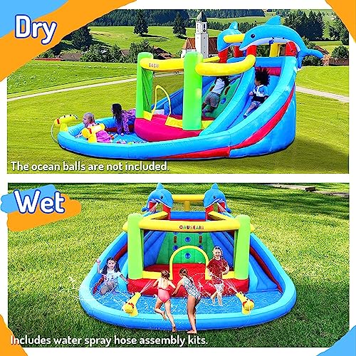 Causeair Inflatable Water Slide with Bounce House,Dolphin Styling,Splashing Pool,Double Water Cannon,Climbing Wall,Heavy Duty GFCI Blower,Inflatable Water Park Slide for Kids Backyard Summer