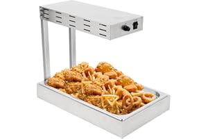 Restlrious French Fry Warmer Commercial Heat Lamp Food Warmer, Free Standing Electric Infrared Heating Dump Station, 500W Stainless Steel Food Warming Light w/Drain Board Drip Pan for Fries 4” Deep