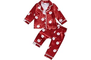 Multitrust Baby Girls Boys Silk Christmas Pajamas Set Santa Claus Long Sleeve Button Down Shirts and Pants Xmas Satin Pj Sets