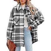 CHYRII Women's Casual Brushed Flannel Plaid Shacket Button Down Long Sleeve Shirt Jacket Coats with Pockets 7076-Black XL