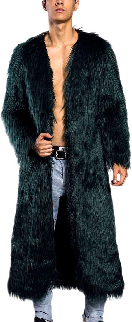 JTENGYAO Men's Faux Fur Coat Long Overcoat Lapel Outerwear Winter Jacket Parka Coat