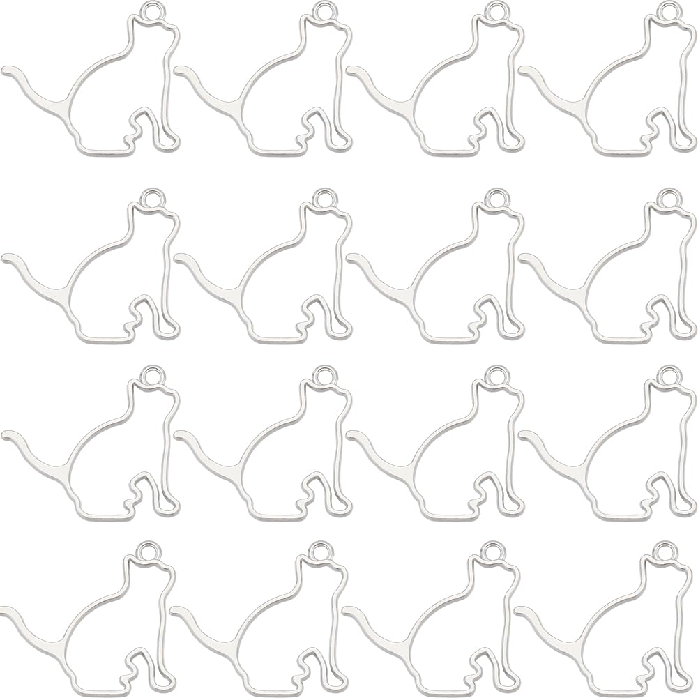 SUNNYCLUE 1 Box 20Pcs Open Back Bezel Charms Open Bezel Pendants Silver Small Cat Alloy Frame Hollow Cute Animal Charm for Resin Jewellery Making Charms Supplies DIY Necklace Bracelet Keychains Adult