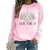 VKEGNIO Merry Christmas Sweatshirt For Women Plaid Pink Christmas Tree Cute Blouse Xmas Farm Holiday Pullover Tops