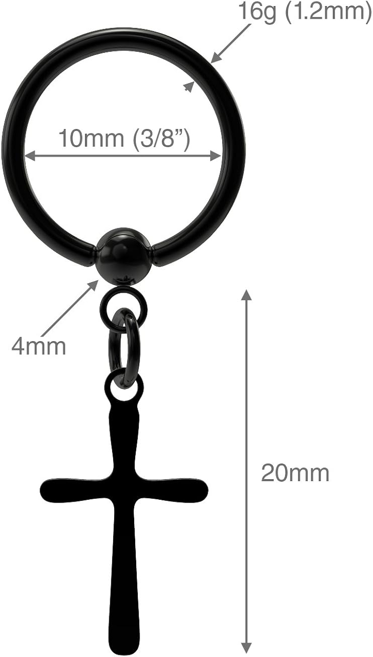 Bling Piercing 2pc 16g 1.2mm Black Captive Bead Ring Dangle Cross Crucifix 10mm Helix Tragus Daith Snug Eyebrow Cartilage Bar - Image 3