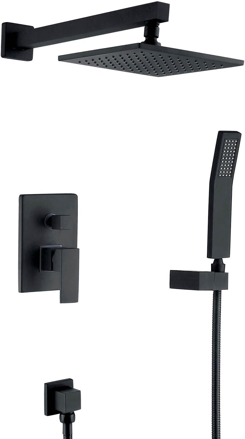 Wall Mounted Shower Faucet Set with 8" Metal Rain Shower Head and Hand Sprayer, Black