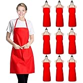 XEEYAYA 9 Pack Bib Christmas Red Apron for Women Girls Ladies with Pockets - Kitchen Aprons Bulk for Cooking Painting BBQ Grilling Baking (9 Pack, Red)