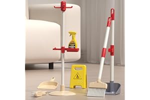 DOLIVE Kids Mini Cleaning Toy Set 7 Piece Toddler Cleaning Kit with Broom, Dustpan, Duster, Storage Rack, One-Piece Bottle and Wet Floor Sign for Baby 1-3 Year Old