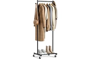 MISSLO Small Clothes Racks for Hanging Clothes Clothing Rack with Wheels 60" Metal Garment Rack with Shelves Portable Rolling Wardrobe Rack for Small Space, Black