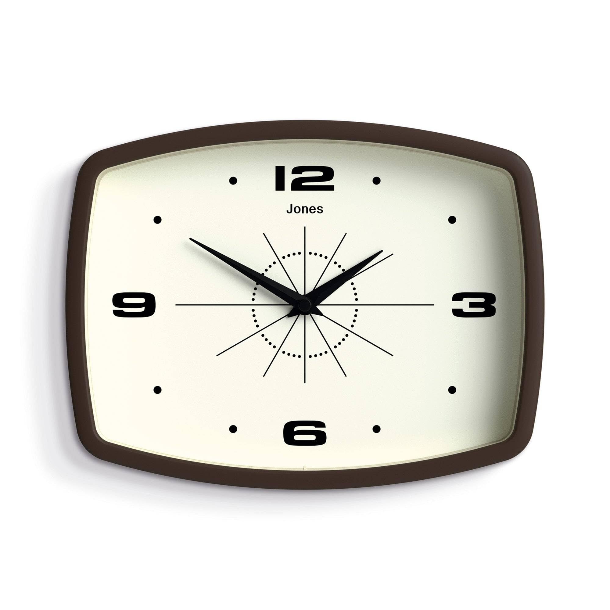 JONES CLOCKS® Movie wall clock | Retro rectangular clock | 25cm | Mocha brown | Cool mid-century designer look for kitchen, living room or office