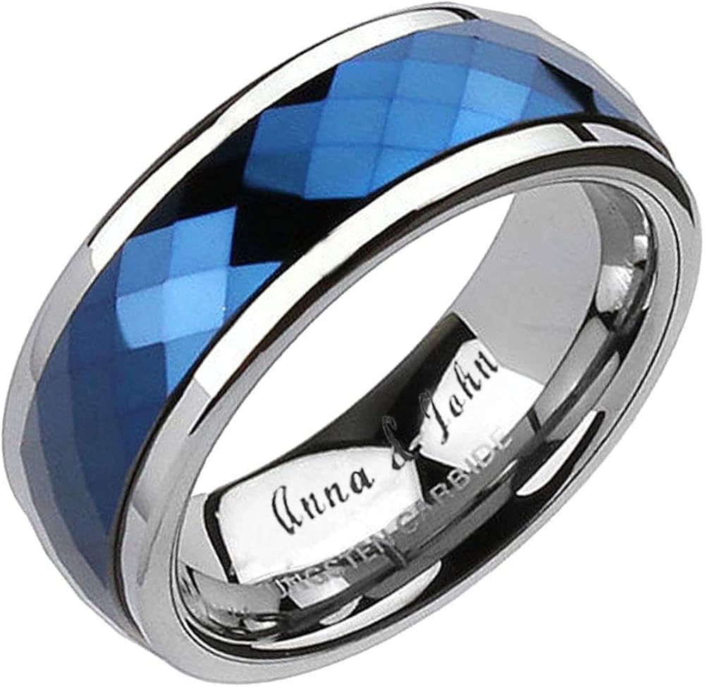 Tungsten Carbide Blue IP Multi Faceted Cut Polished Edges Ring