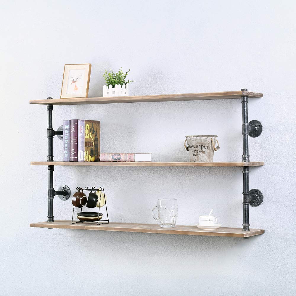 Buy Industrial Pipe Shelf Wall ed,Steampunk Real Wood Book Shelves,3