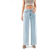JEANIR Women's Elastic Waist Petite Wide Leg Pants Mid Waist Casual Straight Jeans Work Pant with Pocket