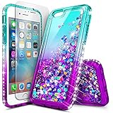 iPhone 8 Case, iPhone 7 Case w/[Tempered Glass Screen Protector], NageBee Glitter Liquid Quicksand Waterfall Floating Flowing Sparkle Shiny Bling Diamond Girls Cute Case -Aqua/Purple