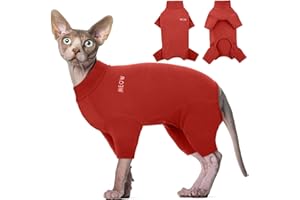ROZKITCH Hairless Cat Clothes, Breathable Soft Cat Jumpers for Cats Only, Cat Coat with Four Legs, Warm Cat Sweater Cat T-Shirt Cat Pajamas Jumpsuit Vest Cornish Rex Devon Rex Peterbald Red L
