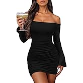 Women's Off Shoulder Bodycon Mini Dress Elegant Long Sleeve Ruched & Ribbed Tight Fit Clubwear for Cocktail Party,Date Night