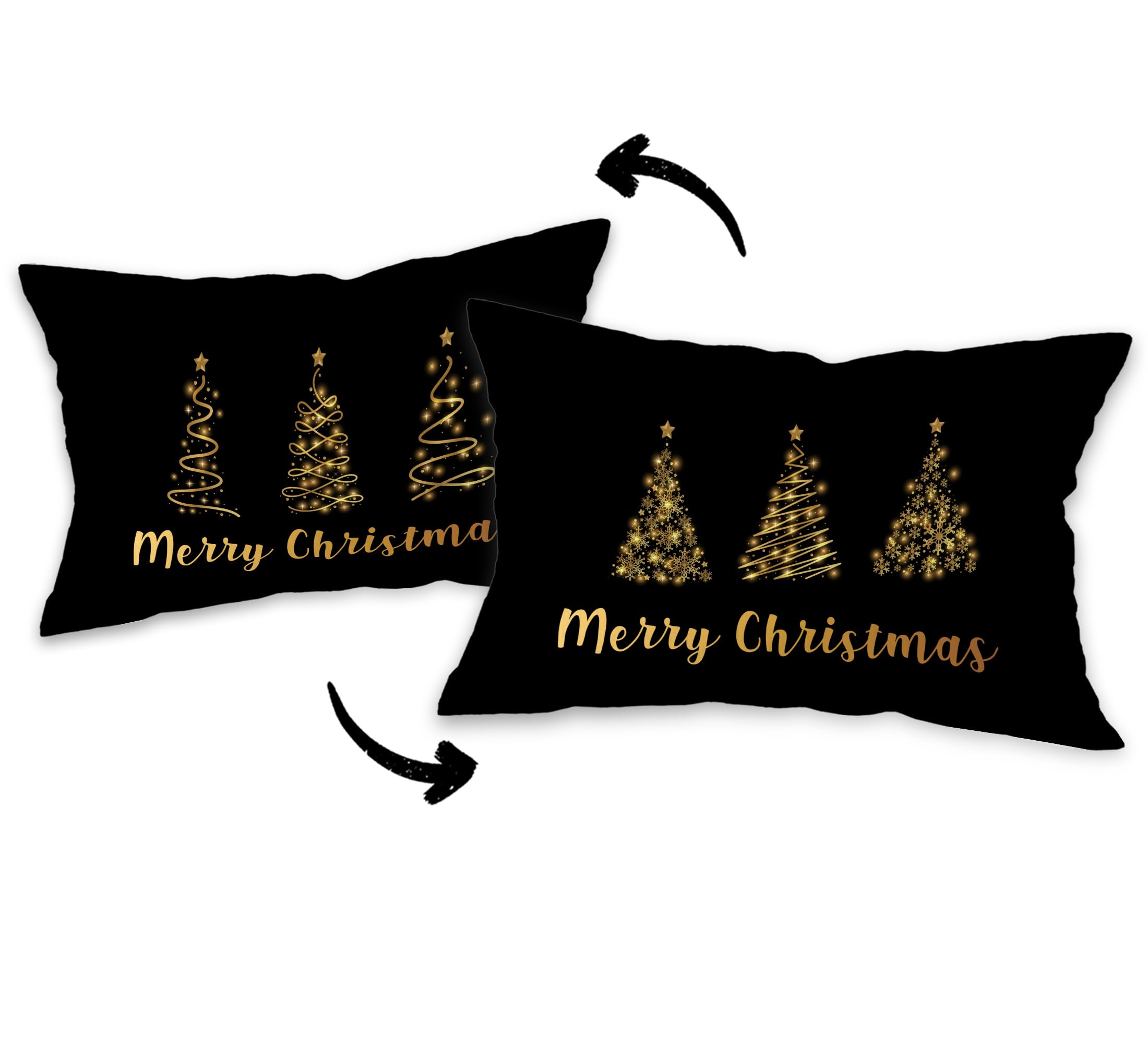 Photo 1 of FLDAS Black Christmas Pillow Covers 12x20, Christmas Tree Pillow Cases, Black and Gold Christmas Decorations, Black Gold Merry Christmas Tree Winter Reversible Pillows Decorative Throw Pillows Cover