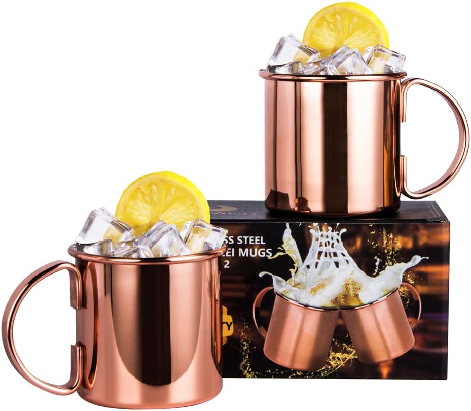 JOEVER Moscow Mule Copper Mugs Set of 2 Stainless Steel Coffee Cups for Hot Drink with Handle 16oz