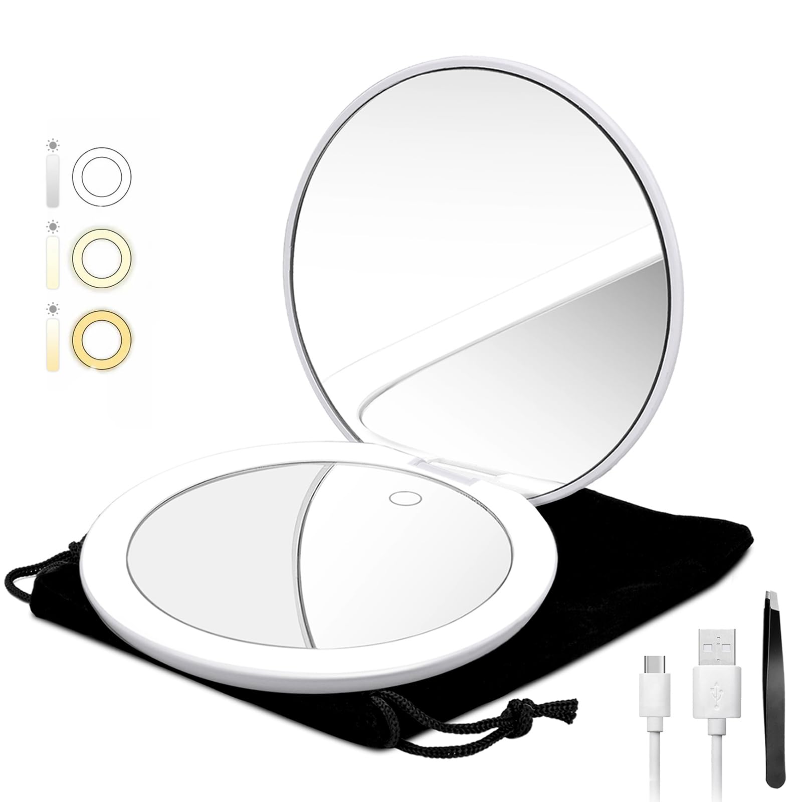 Photo 1 of LED Lighted Travel Makeup Mirror, Rechargeable Large 5" 1x/10x Magnifying- Medical Grade LED, 3 Colors Settings & Brightness Adjustable- Portable, Touch Screen, Brighter Light, w/Tweezers (White)