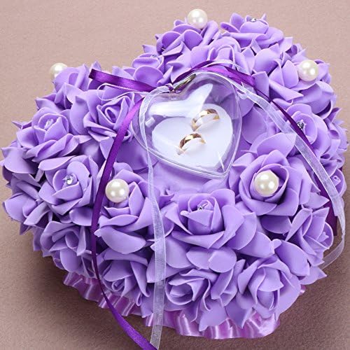 Wedding Ring Bearer Pillow Purple, Romantic Rose Flower Heart Ring Pillow Ring Box, Wedding Ceremony Ring Holder Bridal Jewelry Case Gift for Wedding Supply- Large