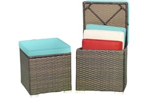 MEDIMALL Patio Wicker Ottoman Set of 2, Multipurpose Outdoor Footstool w/Removable Cushions, Rattan Side Table w/Storage, Footstool Ottoman Seat for Garden, Backyard, Poolside (Turquoise)