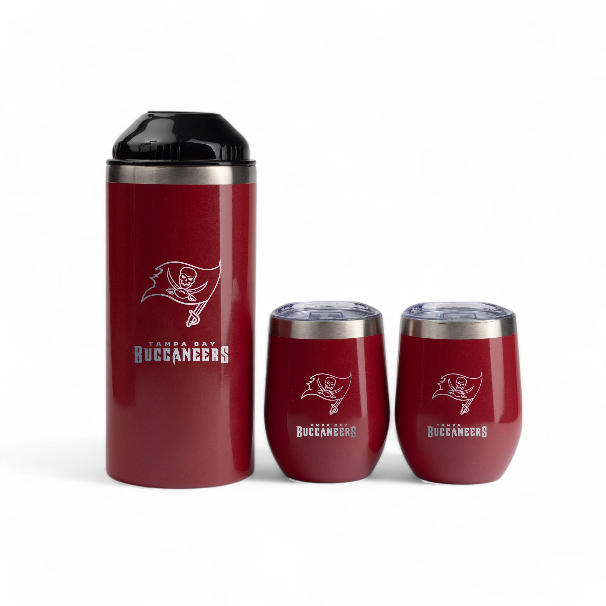 The Memory Company Officially Licensed Wine Bottle Chiller with 2 Ceramic Lined 12oz. SS Stemless Wine Tumblers, Tampa Bay Buccaneers
