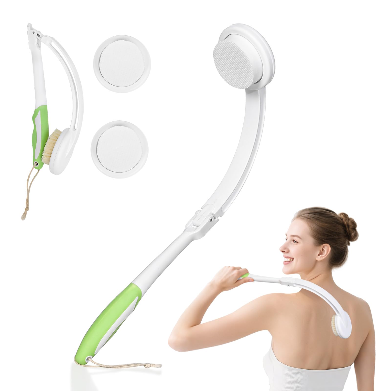 Shower Back Scrubber, Foldable Long Handle Bath Brush with Soft Natural Bristles, 3 Interchangeable Brush Heads, Back Lotion Applicator for Women Men Elderly