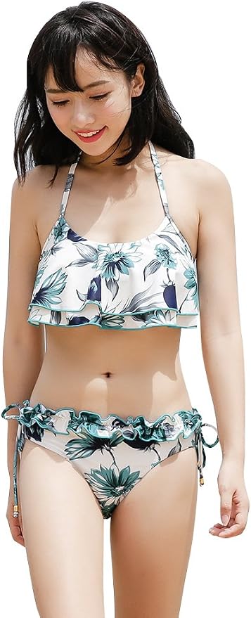 Amazon Co Jp 水着 レディース ビキニ フレアトップ 花柄 可愛い セクシー ホワイト Sw15greenl 服 ファッション小物