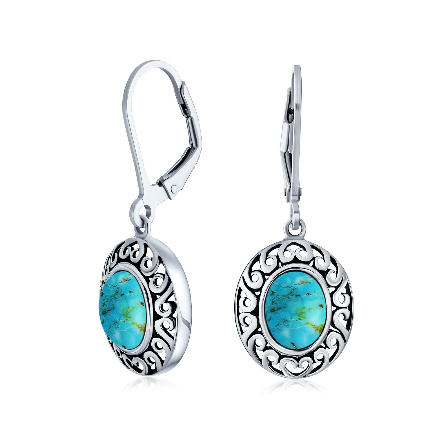Western Style Stabilized Turquoise Dome Oval Bezel Set Lever Back Dangle Earrings For Women .925 Sterling Silver