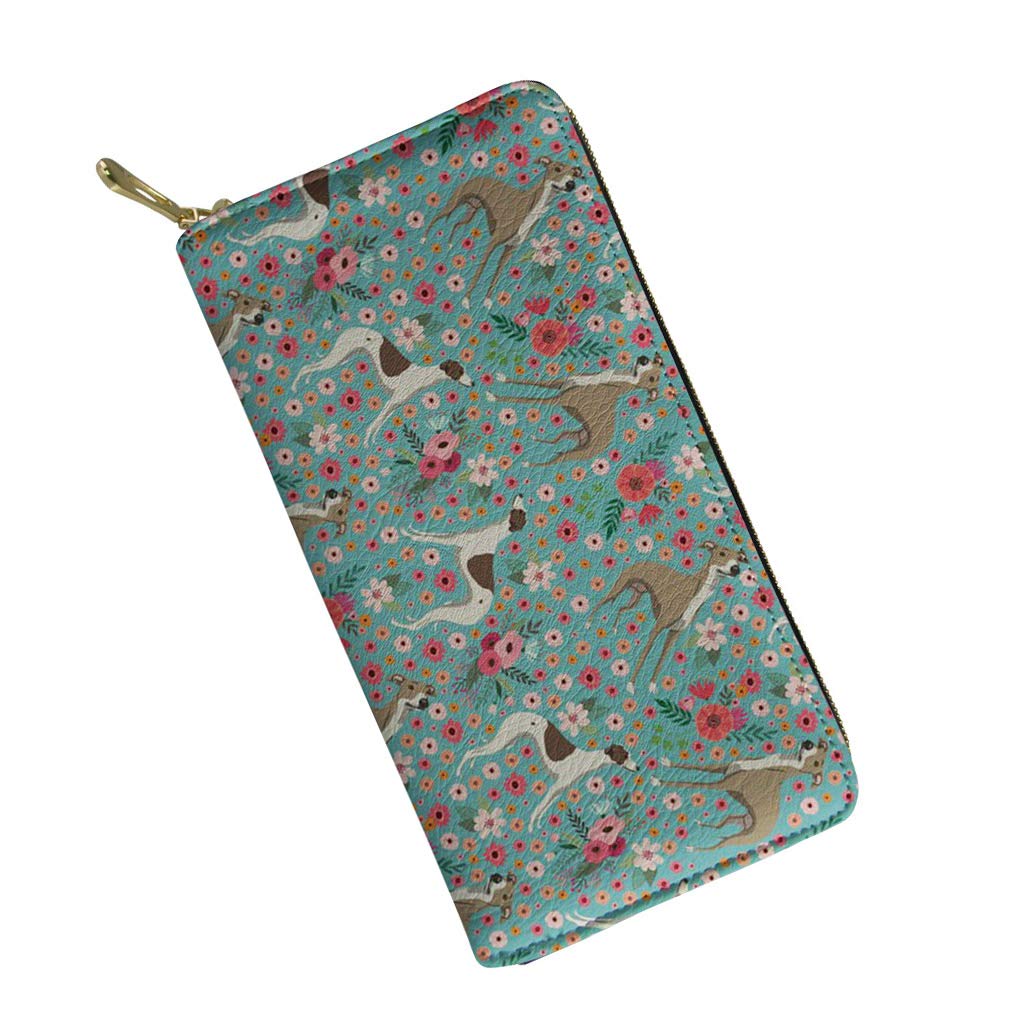 Whippet Dog Floral Pattern Women Clutch Purse Card Holder Long Slim Wallet Zip Around RFID Block