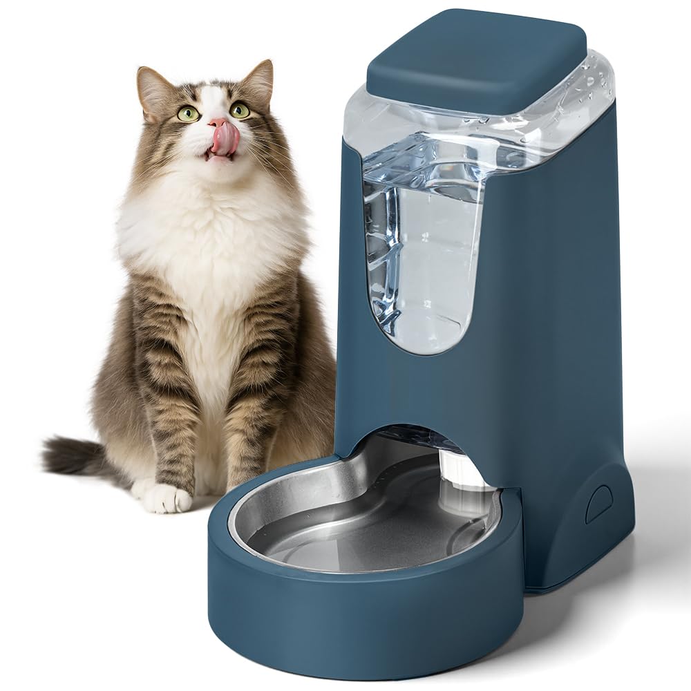Photo 1 of 1 Gallon Automatic Cat Feeder Gravity Stainless Steel Water Dispenser Dog Feeder for Small Medium Puppy Kitten Pets Water Feeding Bowls, Dark Navy