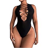 Milumia Women's Sexy Cut Out Deep V Neck Bodysuit Sleeveless Party Night Leotard Tops
