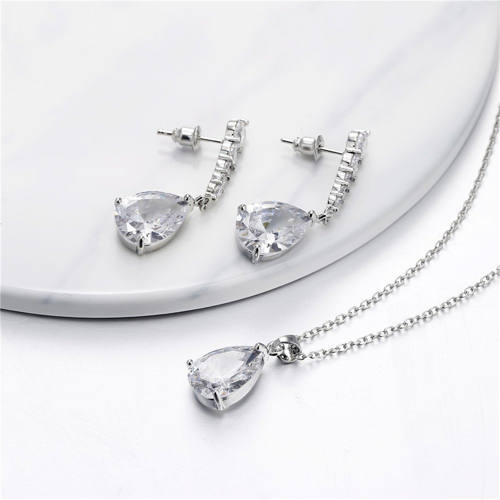LUYUAN JEWELRY Elegant Jewelry Set for Women, Waterdrop Silver Cubic Zirconia Crystal Rhinestone Necklace Earring Best Gifts for Bridesmaid-White