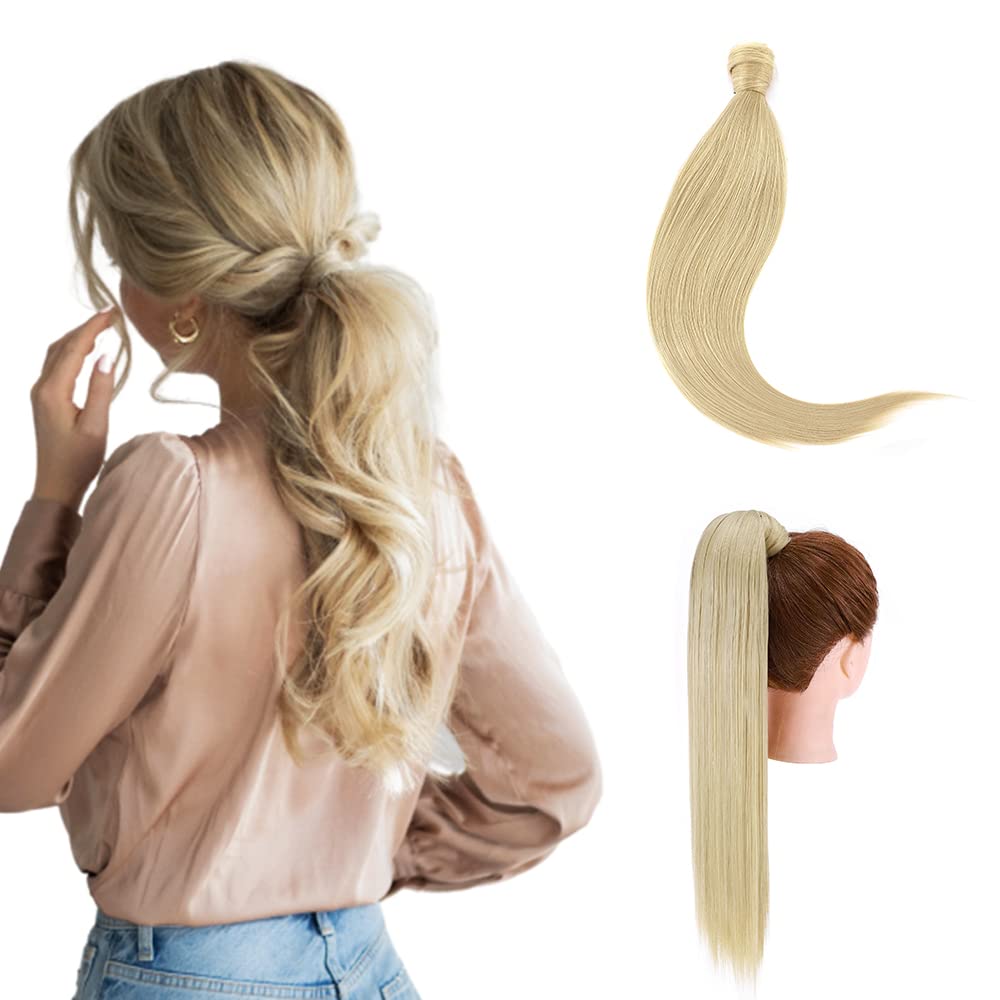 Ponytail Extension Wrap Around Long Straight Curly Clip in Ponytail Hair Extensions for Women Brown Black Blonde Hairpiece 23"-Straight, Ash Blonde mix Bleach Blonde