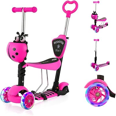 YOLEO 5-in-1 Kinder Roller Scooter mit Abnehmbarer Karikaturkorb Sitz Schubstange Große Räder Bequeme Rückenlehne Höheverstellbare Lenker für Kleinkinder Jungen Mädchen ab 2 Jahre (Rosa)