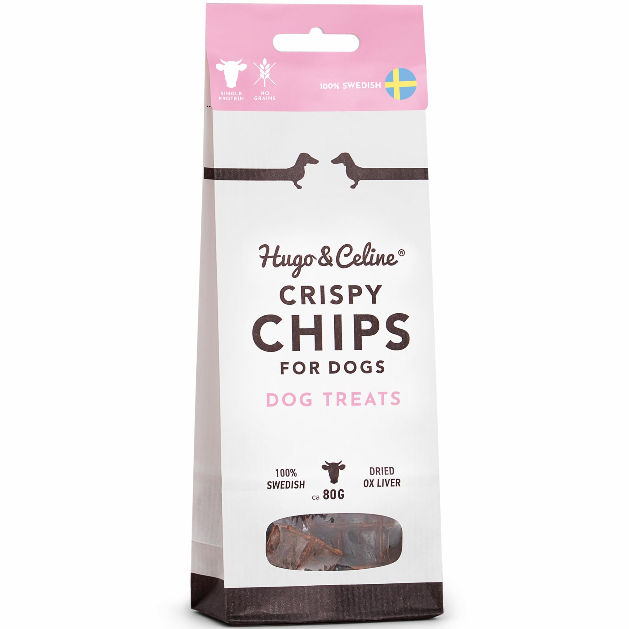 Hugo & Celine Crispy Chips Dog Treats - 100% Swedish Dried Liver, Healthy, Natural Dog Treats, Grain Free and Low Fat, For Puppies, Small, Medium and Large Dogs. 80g