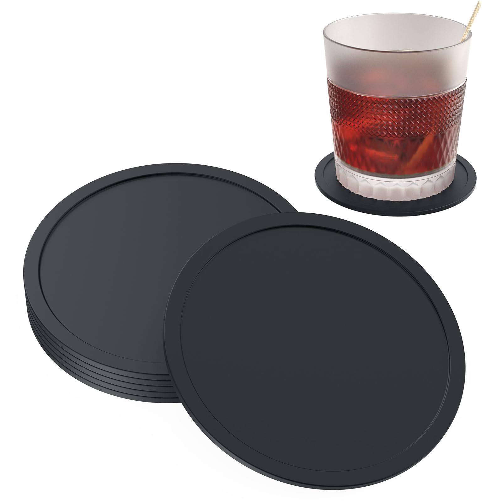 SUSNUAN 6PCS Silicone Coasters for Drinks, 10cm Black Round Drink Coasters for Home/Office/Bar Beer Bottle Wine Glass Coffee Tea Mugs Coasters Non Slip Rubber Pads Mats for Cup
