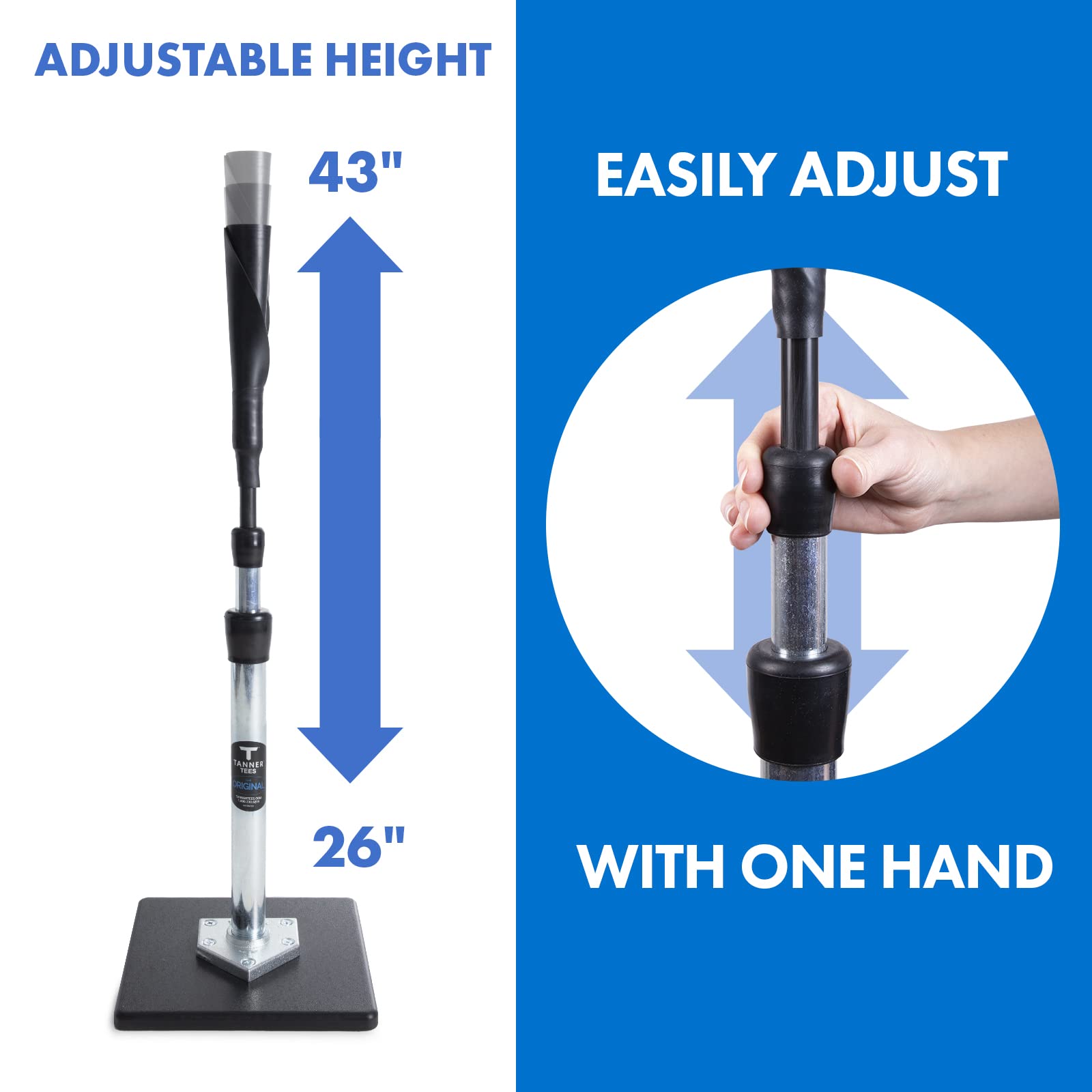 Tanner Tee The Original Batting Tee – Adjustable Pro Hitting Tee for Baseball & Softball, Steel Shaft, Composite Base, Hand-Rolled Rubber Top, 26