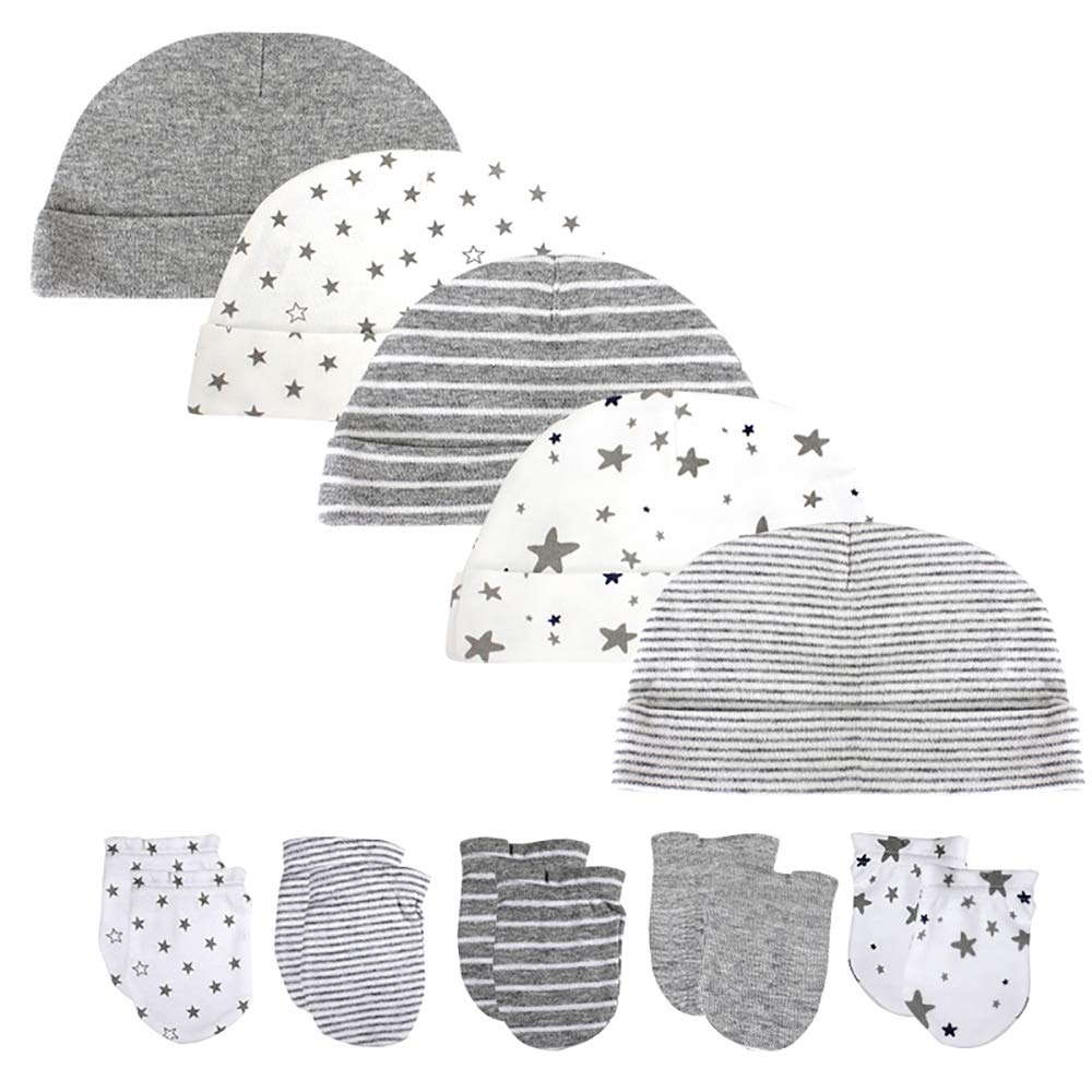 Chamie Baby hat and Mittens Set Newborn - 5pcs Baby Hats Caps & 5 Pairs Baby Scratch Mittens Gloves for Baby Boys Girls 0-6 Months 100% Cotton(Grey)