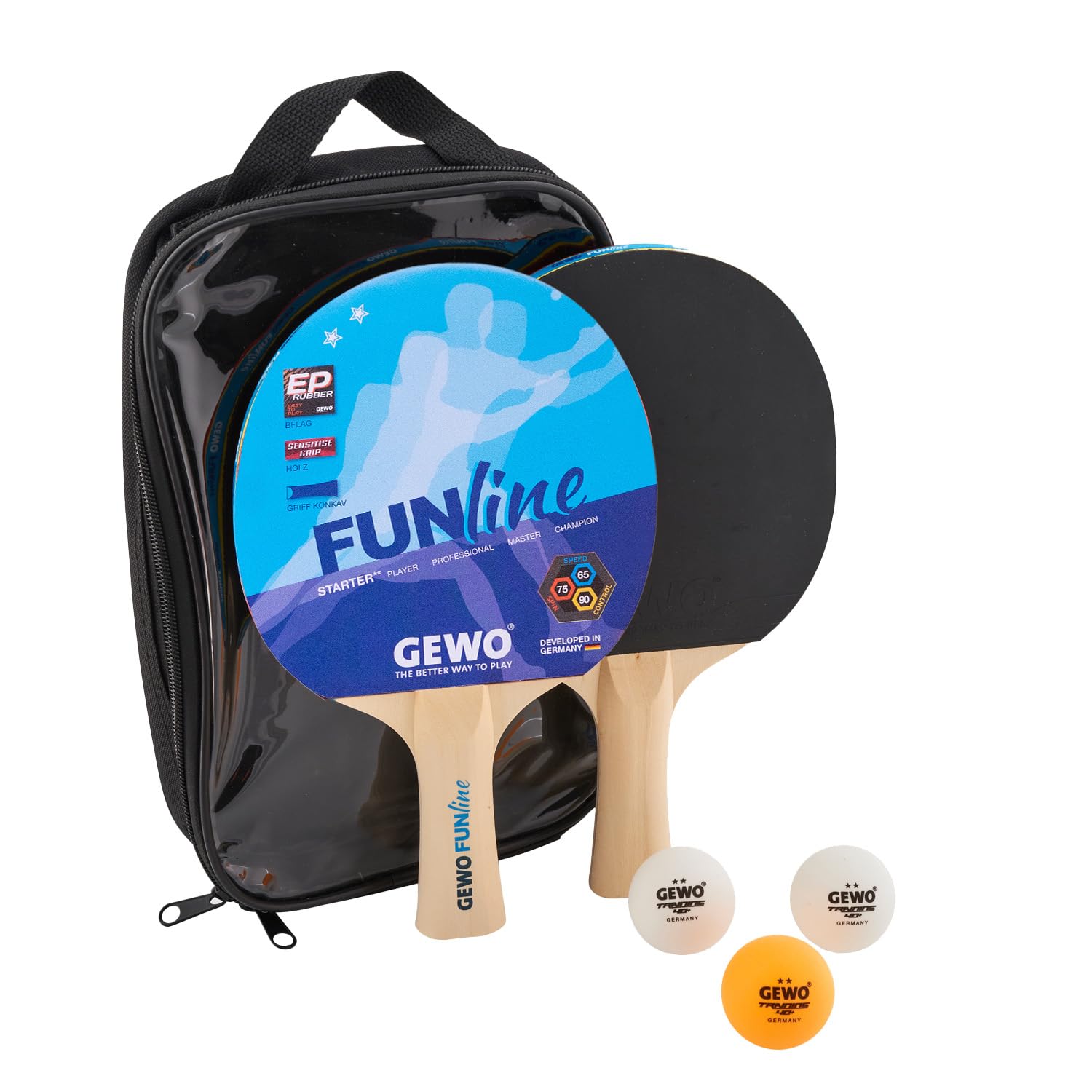 GEWO Double Fun Table Tennis Bat Set for Hobby and Leisure with 3 Table Tennis Balls and Storage Bag/Set of 2 / Ping Pong Set/Complete Bat with Controlled Covering, Concave Handle