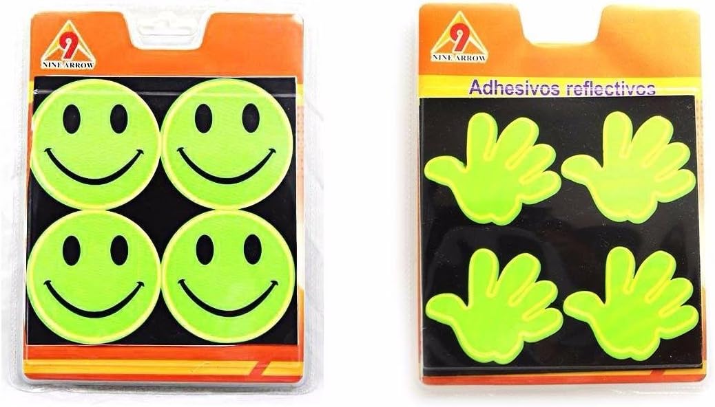 HK Gifts 2 Pk Smiley Face & Handprint REFLECTIVE SAFETY ADHESIVE STICKERS -Bag, Coat, Hat & SMILEY FACE Magnet