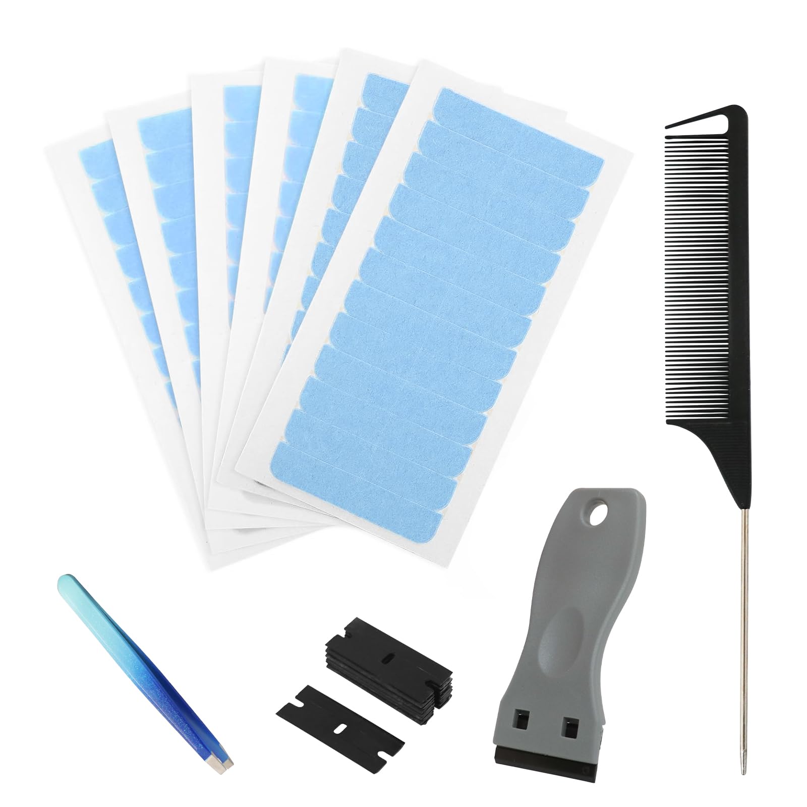 YTOOK 6 Sheets Hair Extension Tape Set with Scraper, Hair Comb, Tweezers, Double-Sided Adhesives Tape for Hair Extensions, Beard, Toupees, and Hairpieces