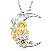 PROESS Sunflower Necklace for Women with Cute Bee and Half Moon Sterling Silver Pendant Jewelry Birthday Anniversary Valentine