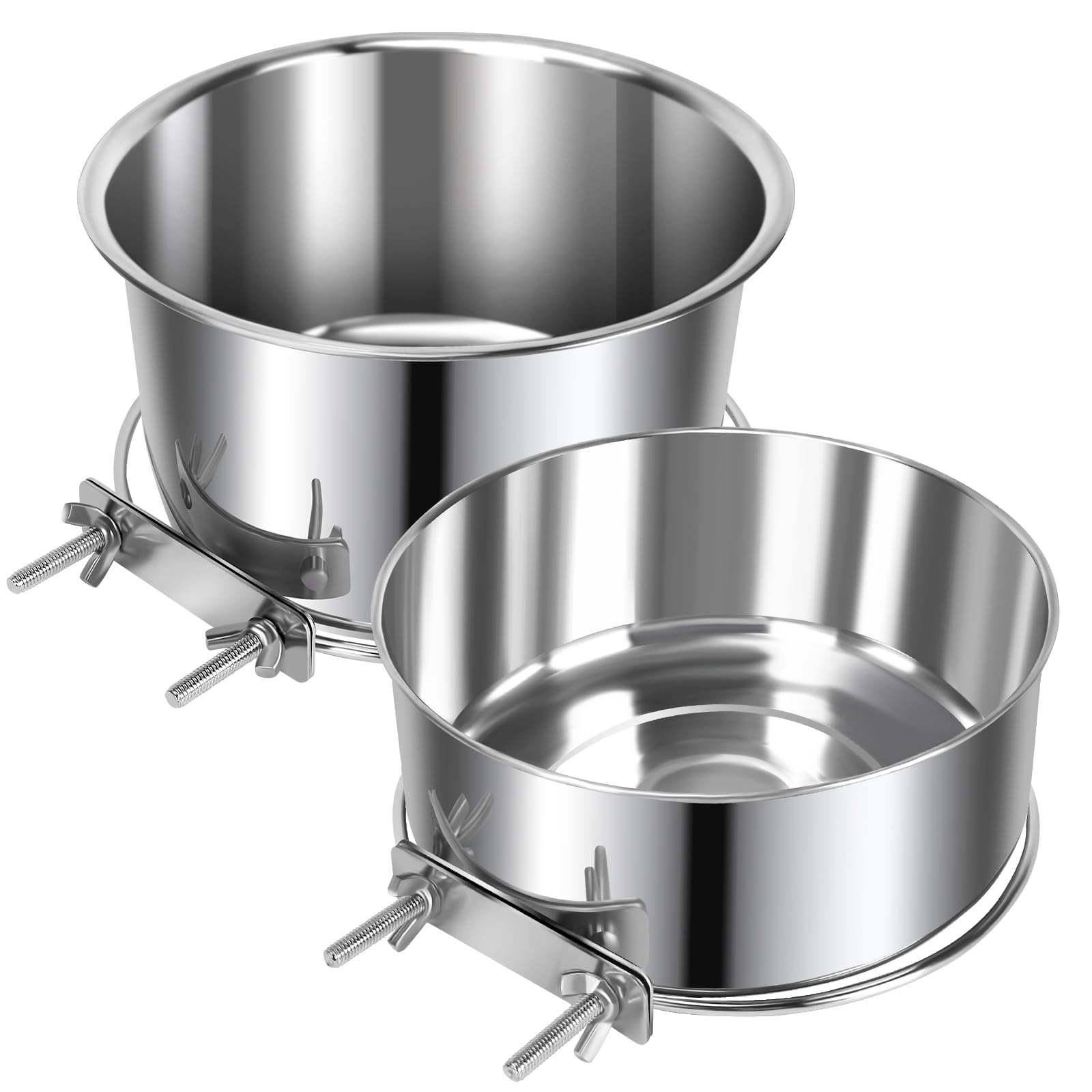 Photo 1 of 2 Pcs Large Pet Dog Food Water Bowl for Cage Stainless Steel Non-Spill Kennel Hanging Cats Bowls with Clamp Holder Crate Feeder Dish for Medium Large Dogs Huge Pets (7.1x3.7'' & 7.1x2.5'')