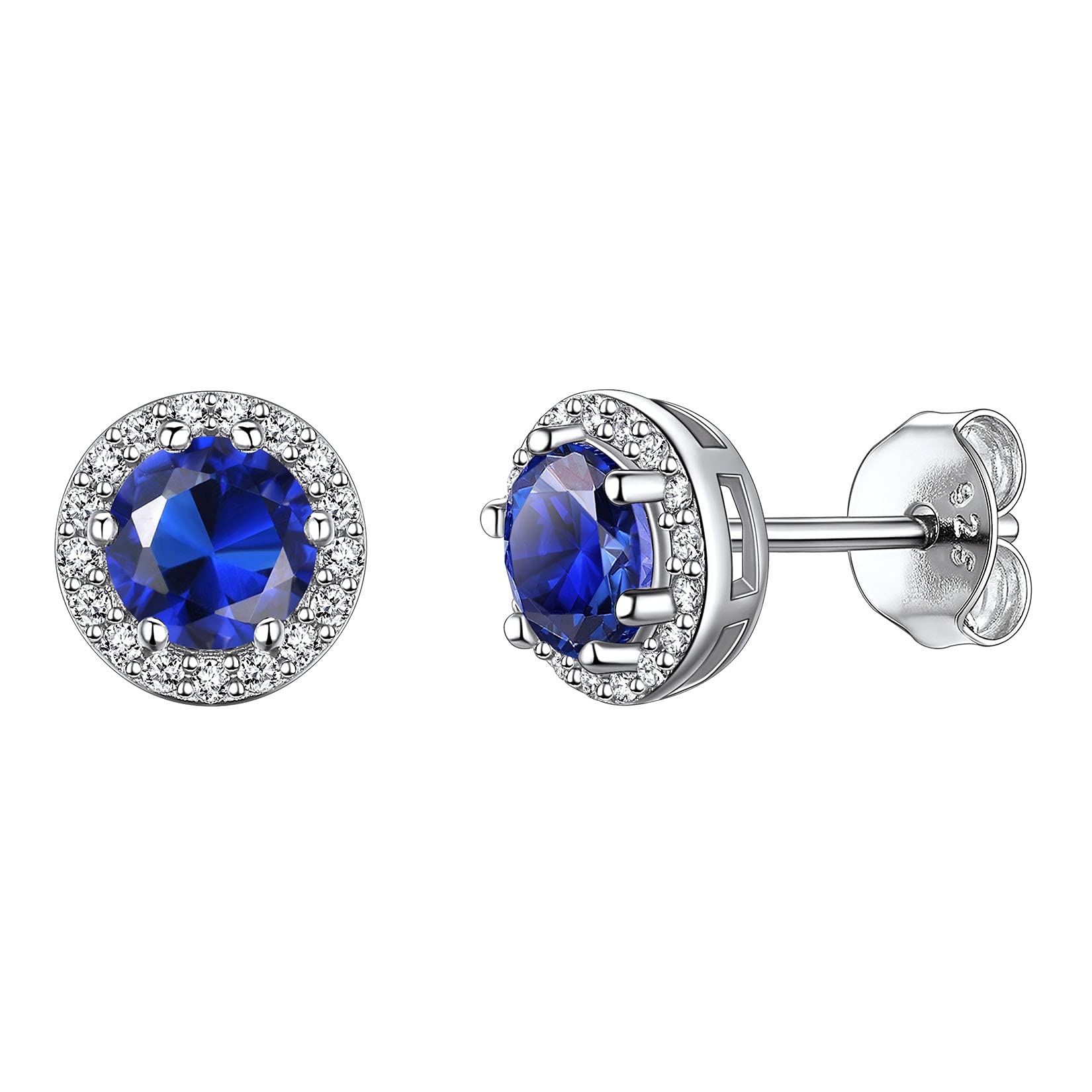 925 Sterling Silver Round Brilliant Cut Cubic Zirconia CZ Stud Earrings Dainty Small Comfortable Simulated Blue Sapphire September Birthstone Hypoallergenic Earrings for Women Girls Teens
