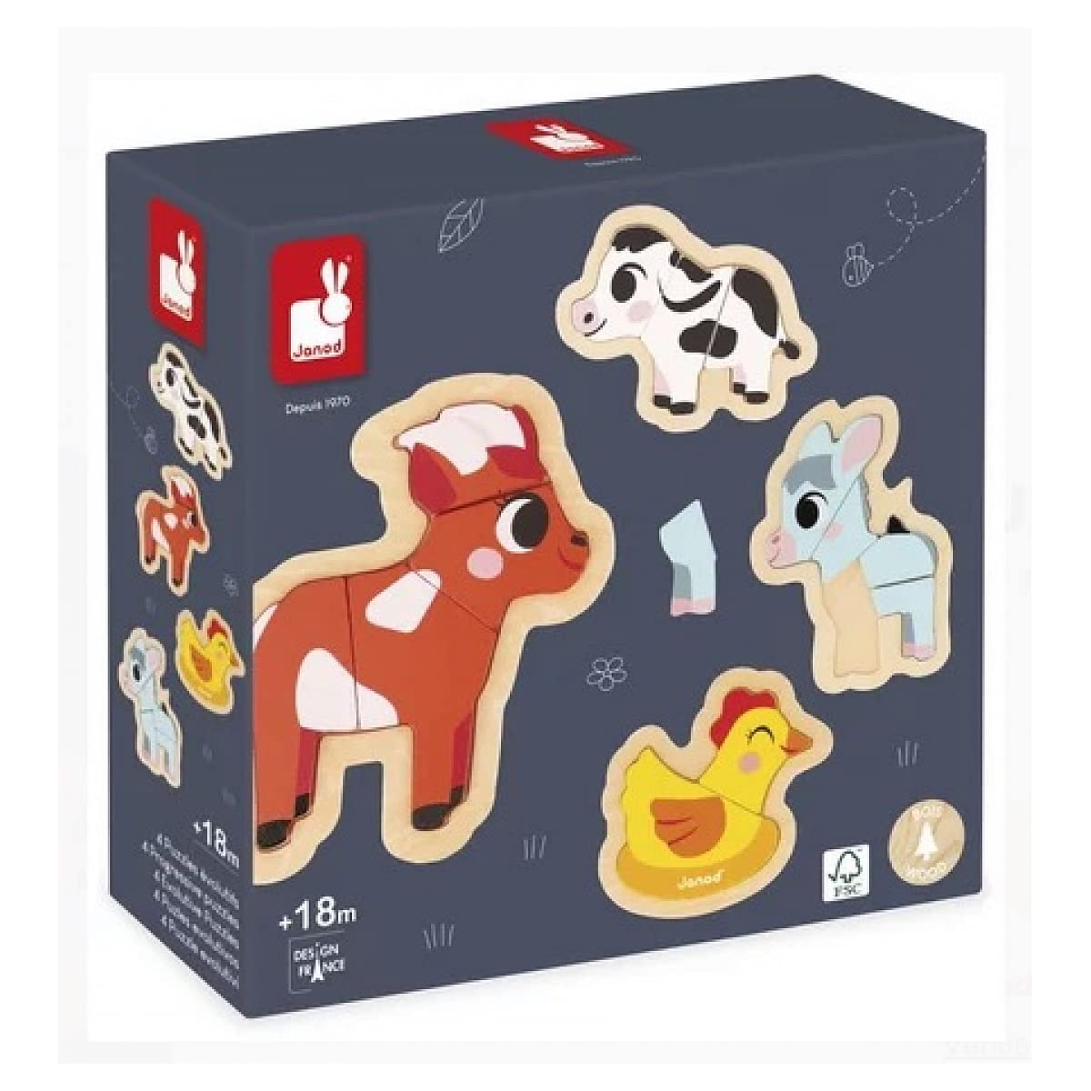 Janod - 4 Wooden Puzzles - 2 to 5 Pieces - Farm Animal-Themed Puzzles - Children’s Toys - Educational Games - Early-Learning Toys - 18 Months +, J07114
