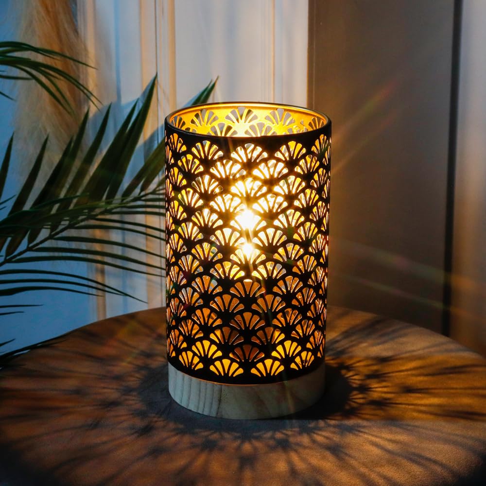 JHY DESIGN Table Lamp Battery Powered 19cm High Decorative Cordless Lamp with LED Bulb Fanshaped Patterned Battery Lamp for Wedding Party Garden Indoor Table Balcony Bedroom (with Wooden Base)