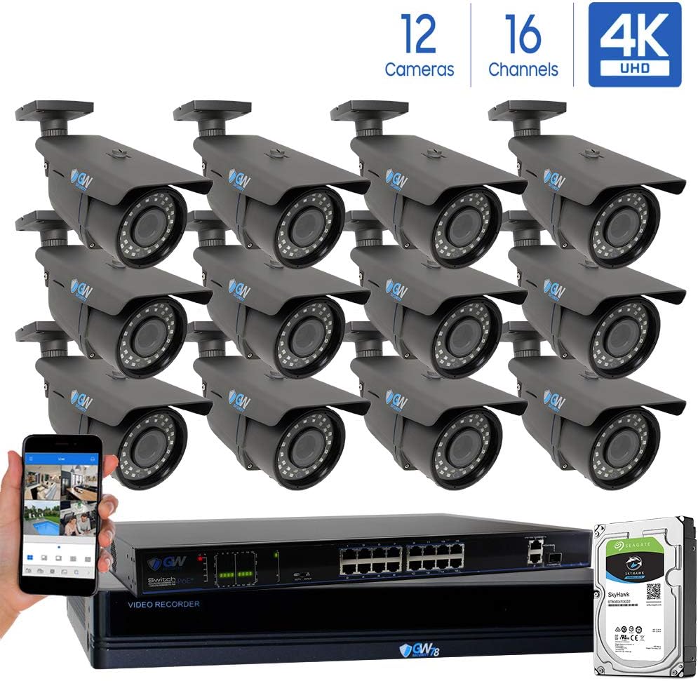 GW 16 Channel 4K NVR 8 Megapixel H.265 Video PoE Security Camera System - 12 x 8MP 2160P Weatherproof 2.7-13.5mm Varifocal UltraHD 4K IP Bullet Cameras, 196ft IR Night Vision, Pre-Installed 4TB HDD